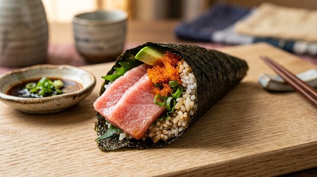 Temaki hand roll open end showing layers toro and rice close three-quarter angle plated full context