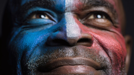 Fototapeta premium Close up of happy French football supporter with painted cheeks in blue white and red colors