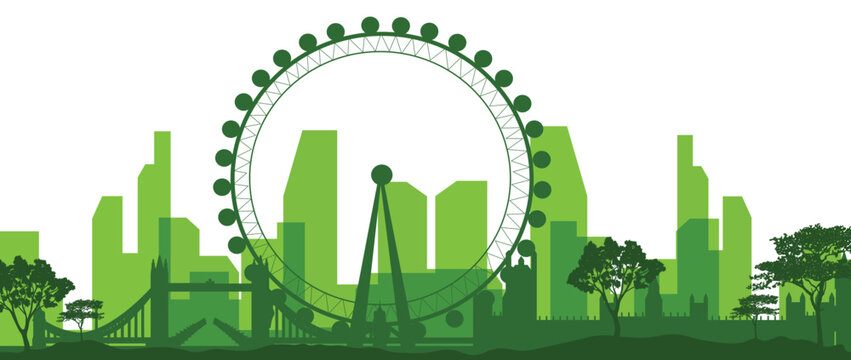 Green London Skyline Silhouette Vector with Landmarks and Trees