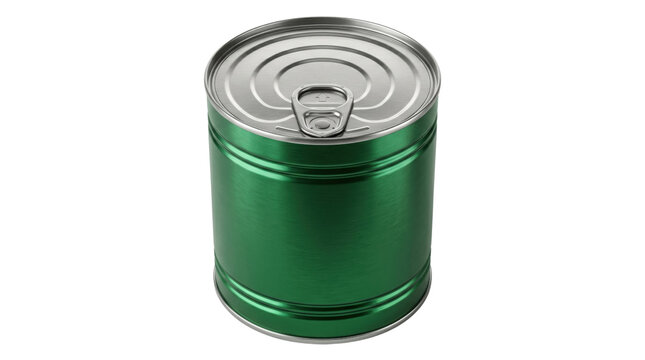 Green metallic tin can with pull ring, blank food container mockup for packaging design, cylindrical aluminum preserve jar on white background