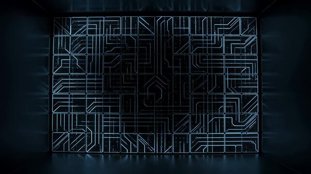Top down view of an intricate geometric circuit board matrix slowly illuminating tech background template