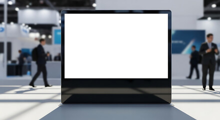 Fototapeta premium Digital kiosk features a blank white screen positioned within a bustling trade show hall where professional attendees walk past to provide a realistic marketing mockup.