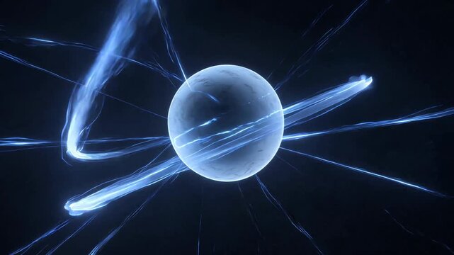 Glowing electromagnetic field lines visualized in 3D around a rotating abstract digital technology object video