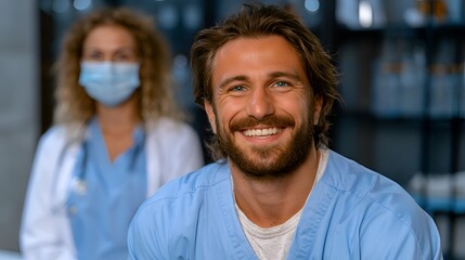 Fototapeta premium Smiling male doctor in blue scrubs looking at camera with blurred female colleague in background