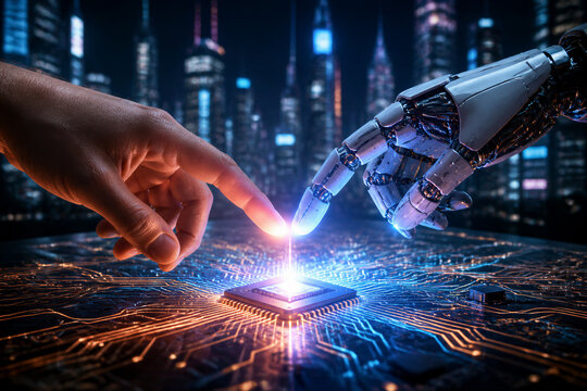 Human and robot finger touching microchip on circuit board