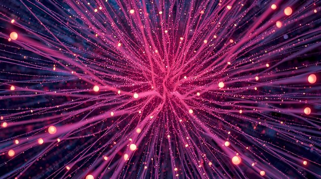 Densely woven colorful optical fiber cables forming a complex glowing pattern
