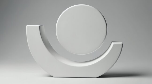 White minimalist sculpture object rests on white surface. Abstract art form has curved base and circular top element. Clean studio shot shows simple geometric shape.