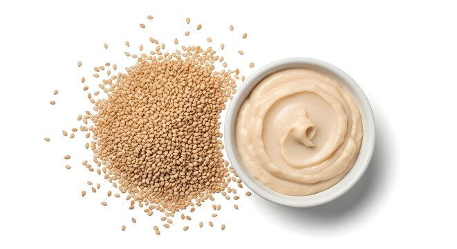 Sesame Seeds with Ground and Smooth Sesame Paste Isolated on White Background for Cooking Sauce and Healthy Ingredient Preparation