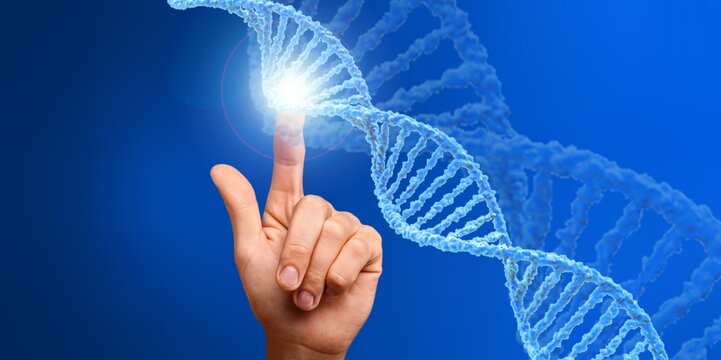 Male hand touching a glowing DNA double helix structure against a blue background for biotechnology research