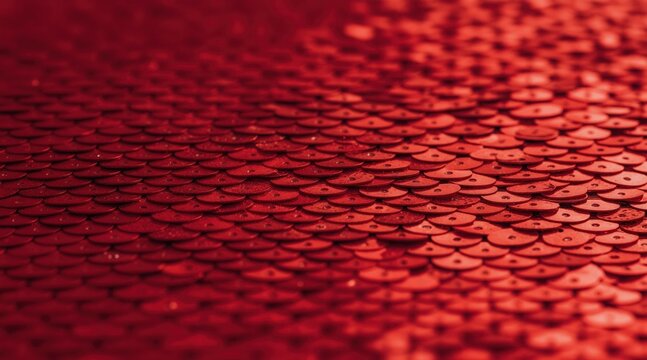 Red sequin surface creates a shimmering, reflective texture. Small circular elements layer densely, forming a vibrant, glossy fabric. Shiny pattern offers glamour and opulence for design.