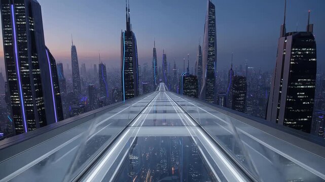 First person perspective gliding forward on a glass floored sky bridge overlooking deep mountain canyons