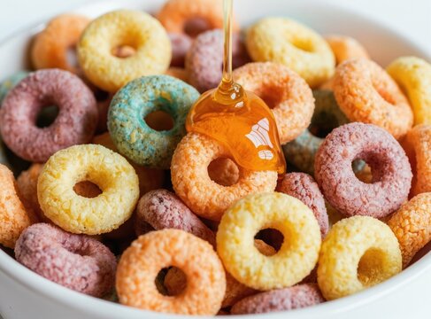 Colorful cereal rings with honey pouring on top in white bowl. Bright kids breakfast meal with fruity flavors and sweet glaze. Enjoying tasty morning snack.
