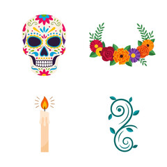 Fototapeta premium Day of the Dead elements set with sugar skull, floral wreath, candle, and decorative vine.