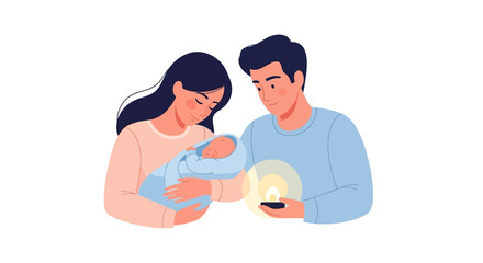 Fototapeta premium Loving Parents Holding Newborn Baby with Candle Light Symbolizing Hope and New Life
