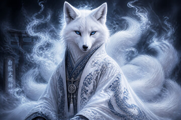 Fototapeta premium White fox spirit wearing ornate robe in mystical temple