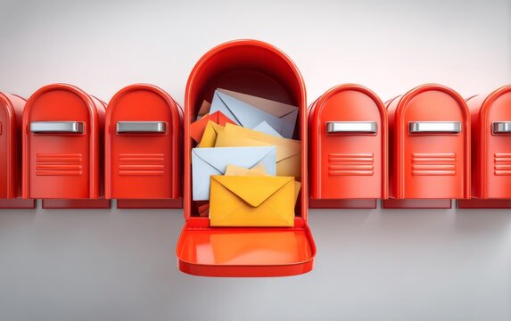 Bright Red Mailboxes Aligned on Wall with Open Slot Full of Mail