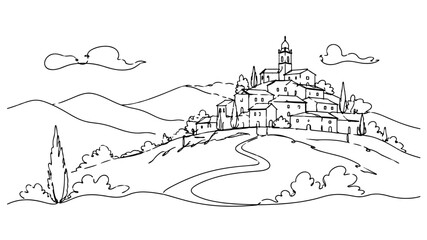 Fototapeta premium Charming line art landscape featuring a hillside village, winding road, mountains, and countryside scenery in a peaceful setting.
