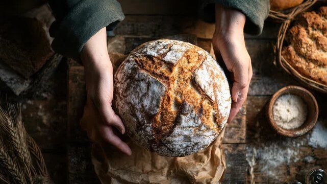 Close up hands holding round artisan sourdough bread on parchment paper, set on rustic wooden surface. Natural light highlights crusty texture, wholesome ingredients for cozy atmosphere