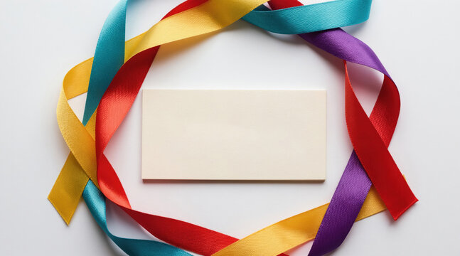 Colorful ribbons encircle blank card. Symbolizes communication progress and teamwork. Ideal for messages about growth, learning and connection. Concepts collaboration, ideas, support.