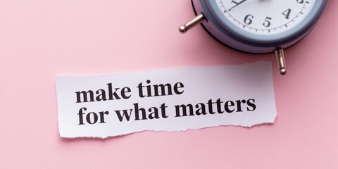 Obraz premium Alarm clock sits near paper quote make time for what matters. Focus on priorities, manage schedule, value life. Time management concept, self care, productivity idea.