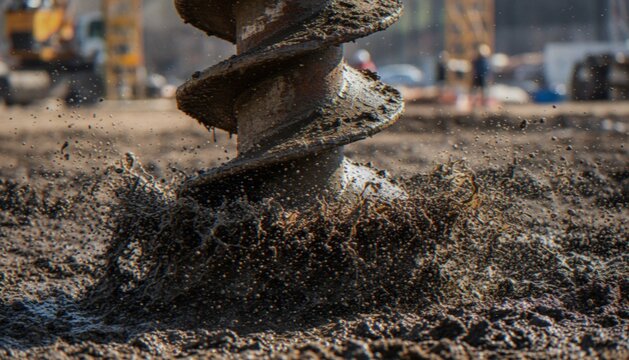 Close-up of a powerful industrial auger drill bit digging into wet, muddy soil on a construction site, with dirt particles flying.