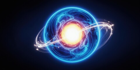 Obraz premium Glowing blue planet with fiery core orbits in dark space. Swirling nebulae and bright energy streams create a cosmic, vibrant scene. Abstract and futuristic.