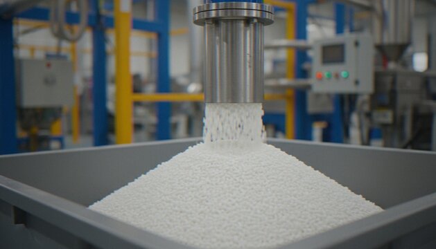 White plastic polymer pellets pouring from an industrial machine into a large storage container in a manufacturing facility.