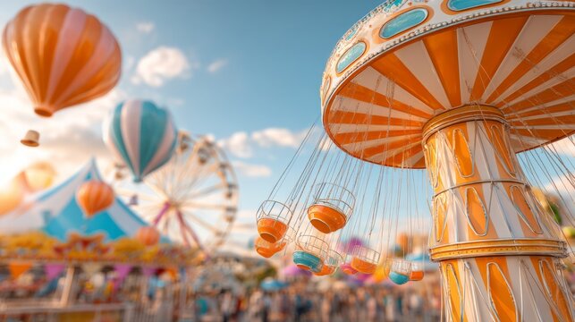 Vintage spinning swing ride at amusement park with colorful balloons