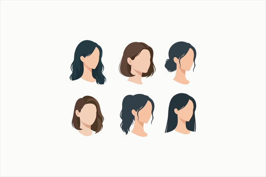 Collection of female hairstyle avatars featuring various modern haircuts and hair types. Flat vector illustration set isolated on background for beauty and fashion design. Vector illustration.