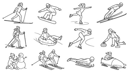 Fototapeta premium Collage of diverse winter sports and activities in a line art illustration style