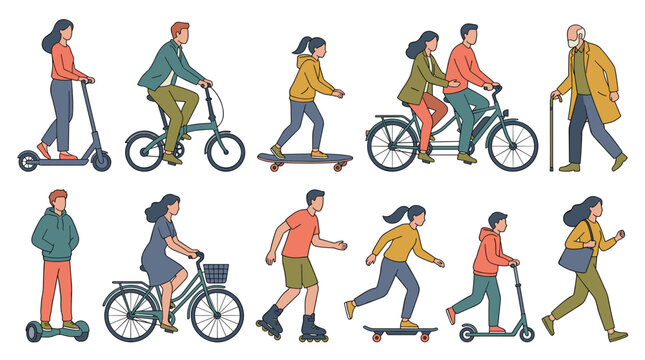 Diverse Group of People and Personal Transport Vehicles in Flat Lay Style Illustration Background