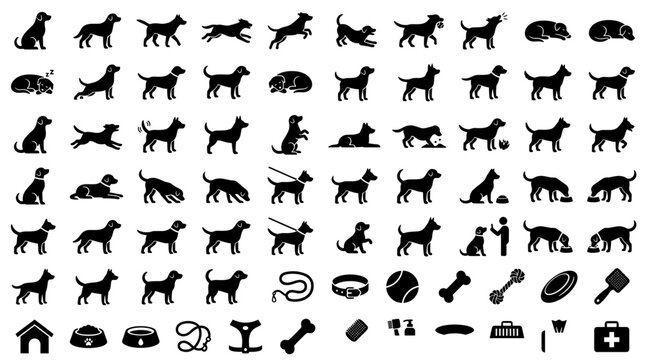 Complete collection of dog silhouettes in various poses and essential accessories