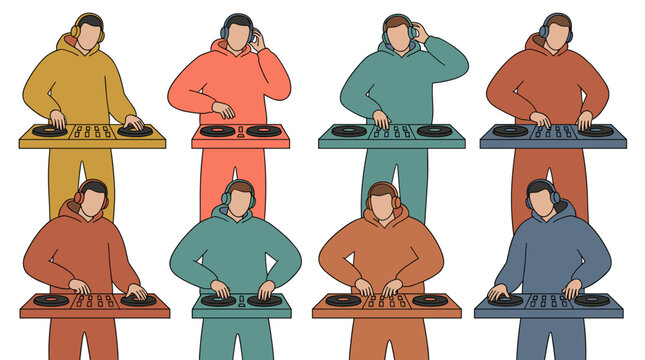 Diverse Group of DJs Mixing Music on Turntables with Headphones Modern Digital Illustration Style
