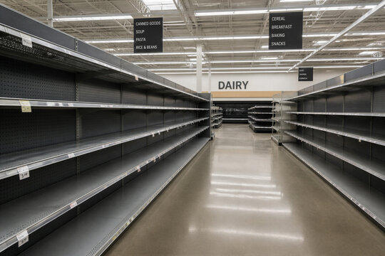 Empty supermarket dairy aisle with bare metal shelving