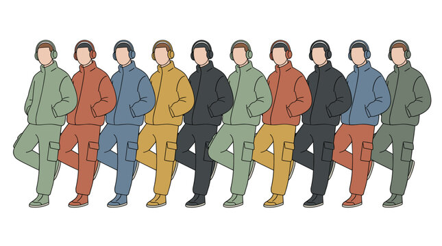 Illustration of many figures in uniform with varied colored jackets and pants laying surface
