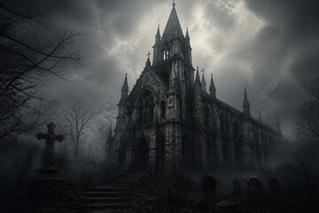 Obraz premium Gothic church looming over graveyard in foggy landscape