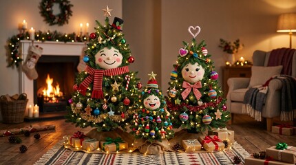 Fototapeta premium cute family of Christmas trees in different sizes, smiling faces, colorful ornaments, warm festive atmosphere