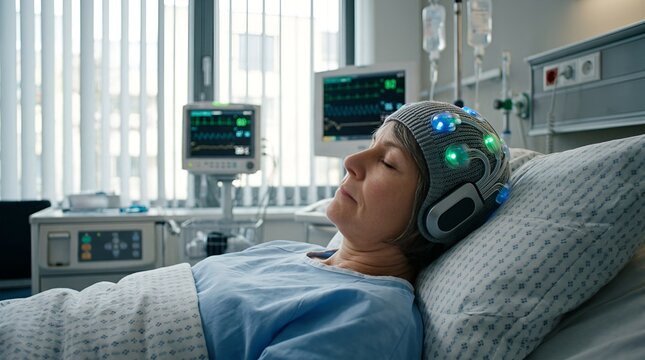 Patient with EEG cap undergoing medical brain scan in hospital bed with monitoring equipment