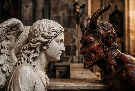 White marble angel and red horned demon sculptures facing each other