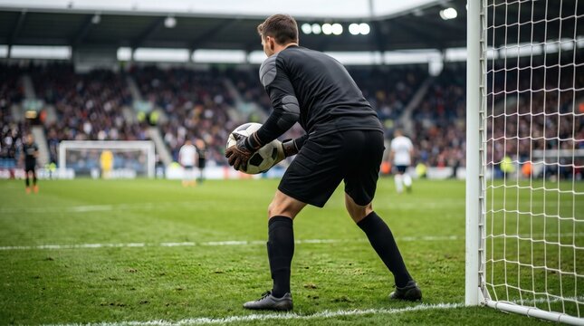 Soccer goalkeeper in action on field.