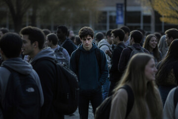 Fototapeta premium Teen boy walking solitary through crowded campus plaza at dusk