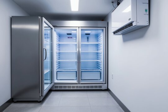Commercial reach in cooler with glass doors sits empty in clean food service area. Air conditioner unit hangs on wall above, providing cool temperature. Modern refrigeration equipment awaits stocking.