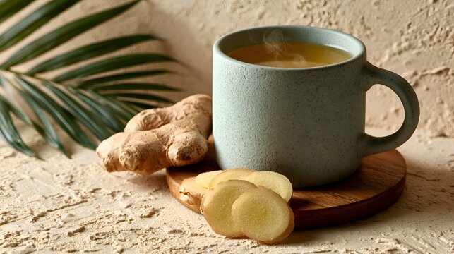 Fresh ginger tea steams gently in a ceramic mug accompanied by sliced ginger root against a textured background with a tropical palm leaf.