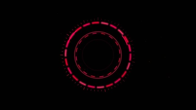Neon circular interface, glowing pink rings on black, futuristic HUD design, technology display