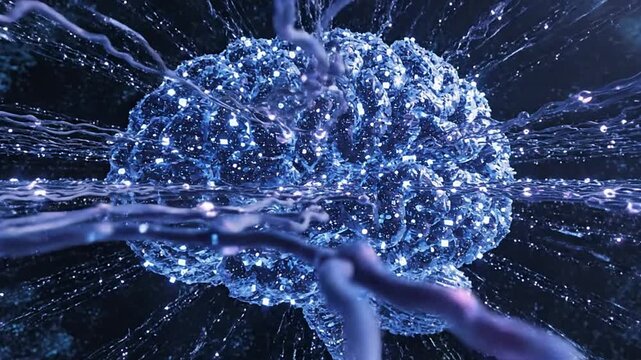 Abstract digital brain with glowing neural network illustrates advanced artificial intelligence, machine learning, and deep learning concepts. Representing cognitive computing, big data analysis, and.