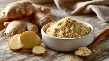 Fototapeta premium Aromatic ginger powder sits ready for use in a white bowl with sliced ginger root on a marble surface ready to spice any recipe well.