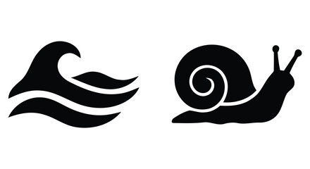 Wave and snail silhouettes against a white background simple black graphic design elements aquatic marine © ROBIN