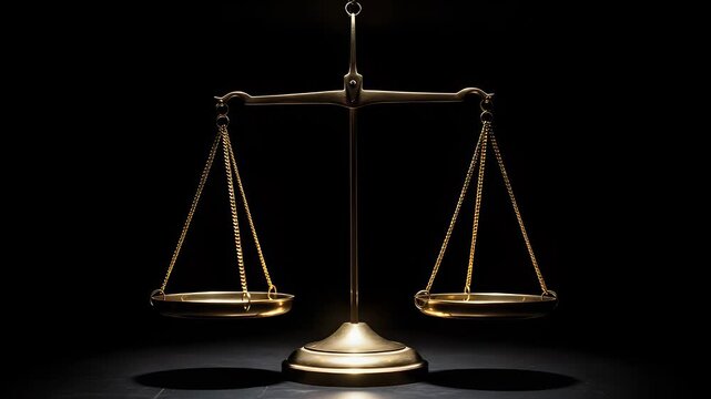 A majestic golden balance scale stands illuminated against a dark backdrop, symbolizing justice, fairness, and legal judgment with its classic design.