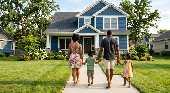 Family holding hands walking towards their new suburban home