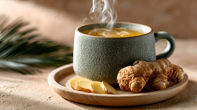 Steaming ginger tea in a dark mug sits on a wooden coaster with sliced ginger root on a tray in warm light with palm fronds decor.	
